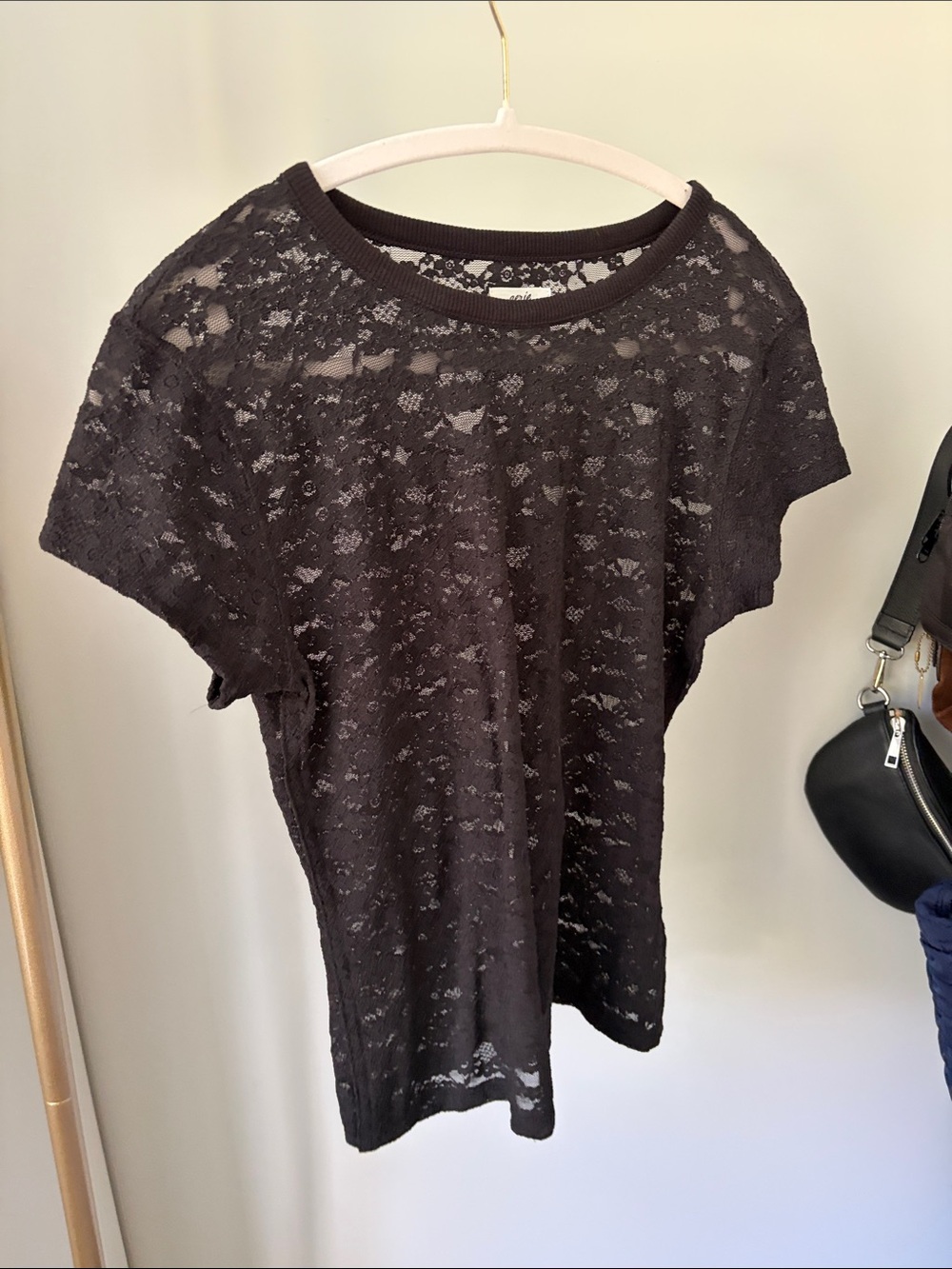aerie Black Sheer Lace Short-Sleeve Tee